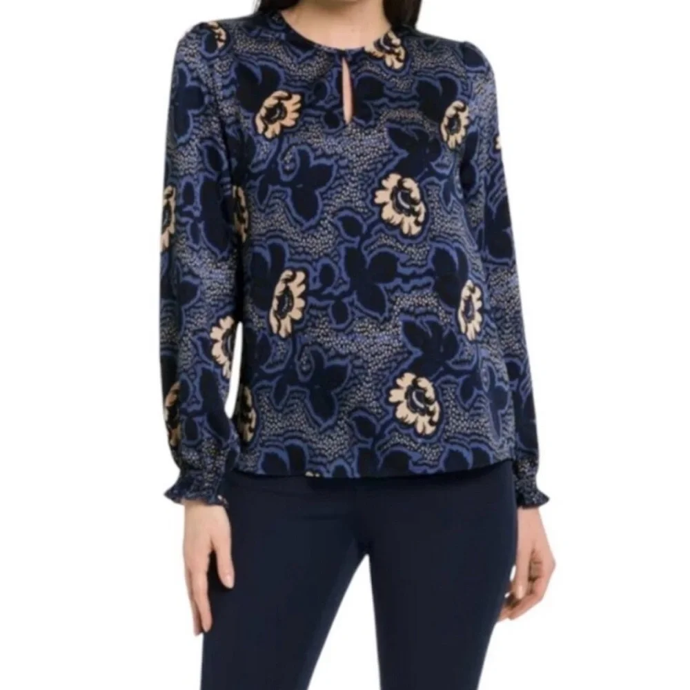 Ted Baker Navy Blue Floral Long-Sleeve Blouse with Keyhole Neckline - Picture 4 of 8